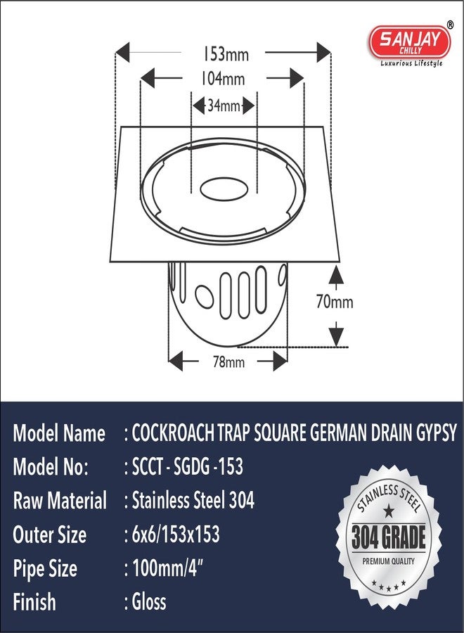 Sanjay Chilly Square German SS Floor Drain Pipe Hole with Cockroach Trap for Bathroom 304 Grade | Floor Drain Cover Jali Waste Water Drain Stainer (German Drain Gypsy Silver 6x6 Inch) - Image 5